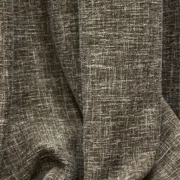 Cinder curtain fabric close-up with textured closed weave, made from 85% recycled polyester and 15% cotton, showing a rich neutral tone with durable drapery suitable for Roman blinds and OEKOTEX certified.