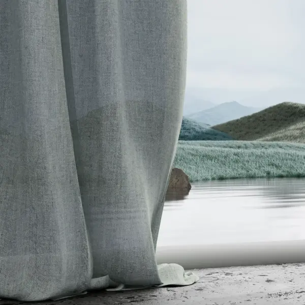 Palaver curtain fabric with a refined linen-look texture, made from a luxurious blend of linen, acrylic, polyester, viscose, and wool, shown as softly draped floor-length curtains in a serene modern interior overlooking a natural landscape, creating a calm, organic, and elegant living space, OEKOTEX certified.
