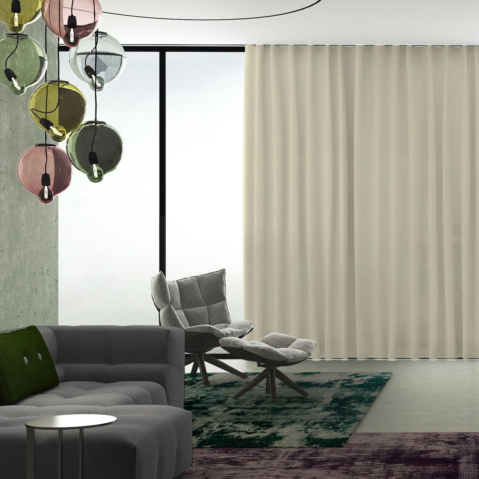 Hunter Douglas India SOLAR 08 curtain fabric, Signature Soft Furnishing collection. Lightweight 100% polyester, 300 cm wide, 318 g/m weight, in-between transparency, 5 colour variations, lightfastness 5/8, 1% shrinkage. Perfect for pleated blinds and bright, airy spaces.