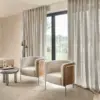 Hunter Douglas India Voyage 09 sheer shade textile, part of the Signature Soft Furnishing collection. This 100% polyester curtain fabric offers soft transparency, 300 cm width, 711 g/m¹ weight and OEKOTEX quality. Ideal for elegant sheer curtains with stable lightfastness and minimal shrinkage.
